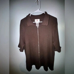 Quaker factory women’s brown knit short sleeve sweater/rhinestone top zipper 2XL